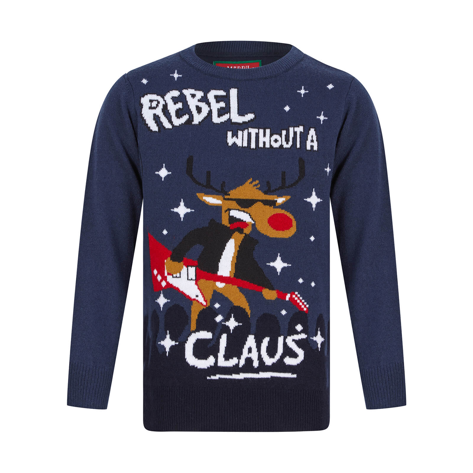 Mr Crimbo Kids Rebel Without A Claus Christmas Jumper - MrCrimbo.co.uk -SRG2A189891_F - Blue -11-13 years